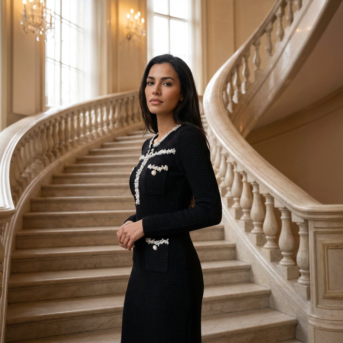 Zwarte Elegante Midi Jurk met Parelslierten