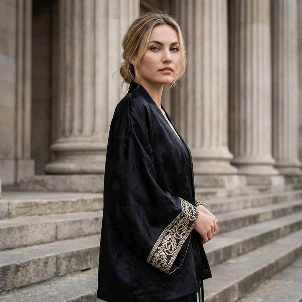 Jacquard Satijn Kimono Blouse Zwart met Borduurdetails Oriental Chic