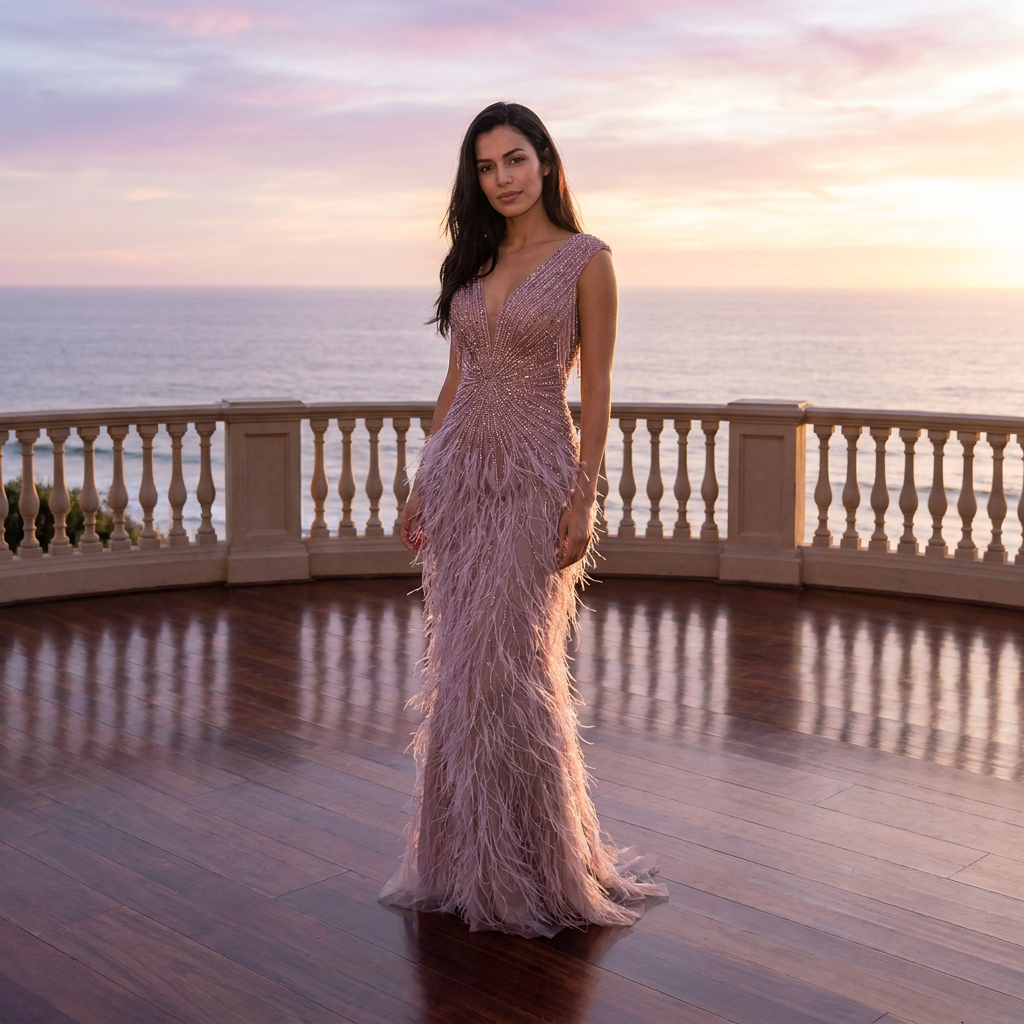 Luxe Maxi Jurk met Veren Blush Touch of Elegance