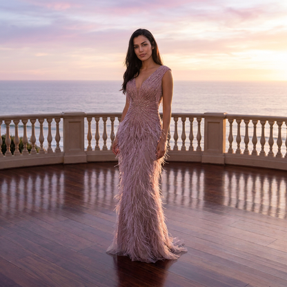 Luxe Maxi Jurk met Veren Blush Touch of Elegance