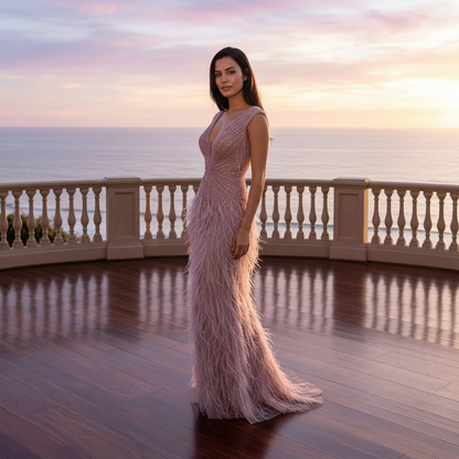 Luxe Maxi Jurk met Veren Blush Touch of Elegance