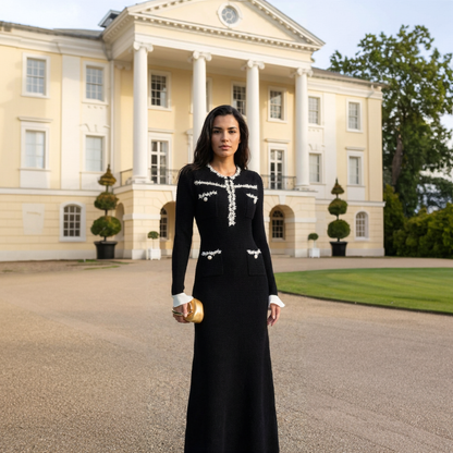 Zwarte Elegante Midi Jurk met Parelslierten