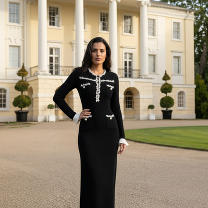 Zwarte Elegante Midi Jurk met Parelslierten