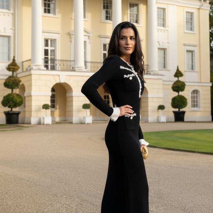 Zwarte Elegante Midi Jurk met Parelslierten