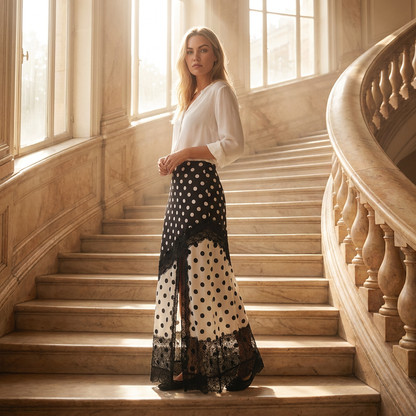 Maxi Rok met Polkadots & Kant – Elegante Split Rok met Stippen