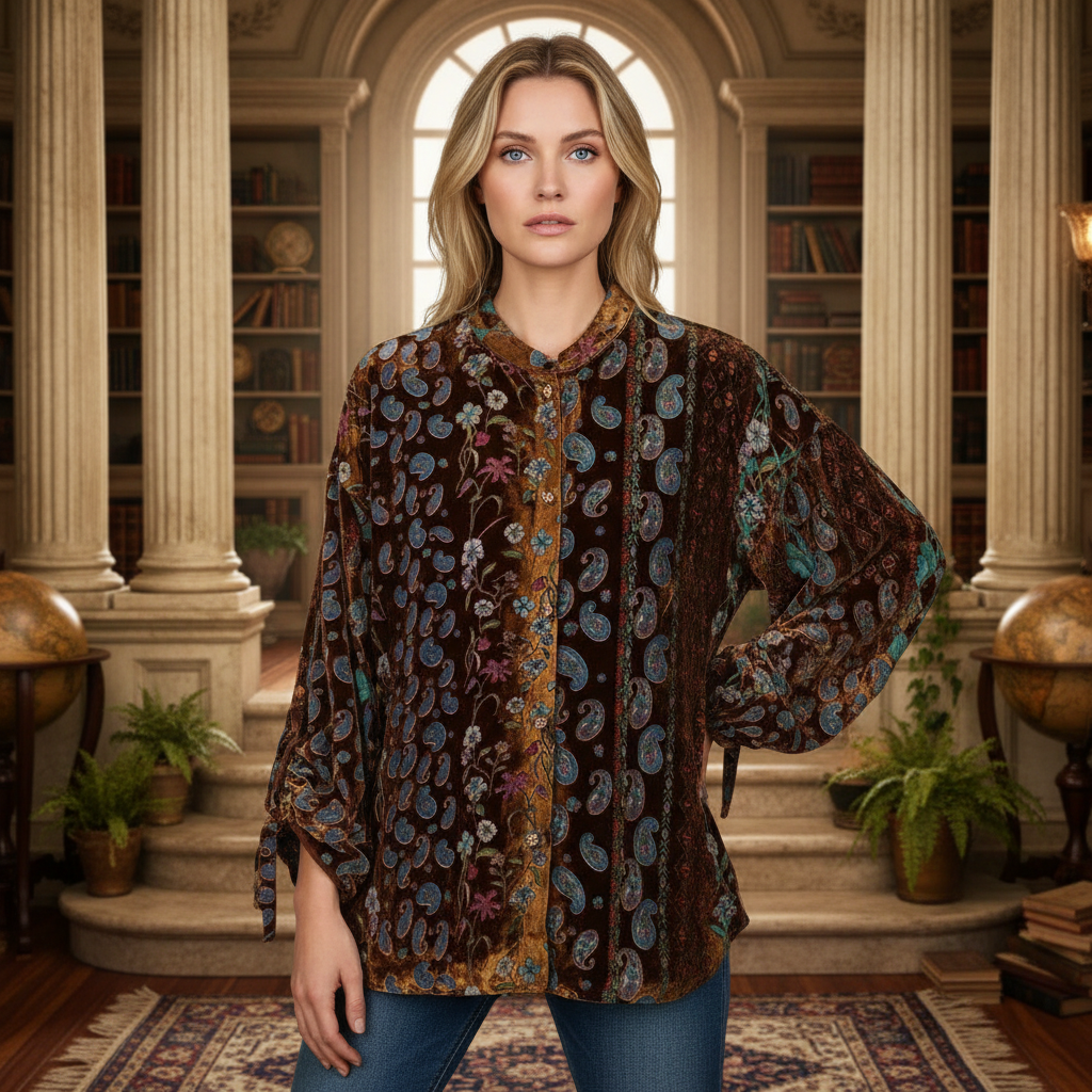 Paisley Velours Blouse met Kralendetails
