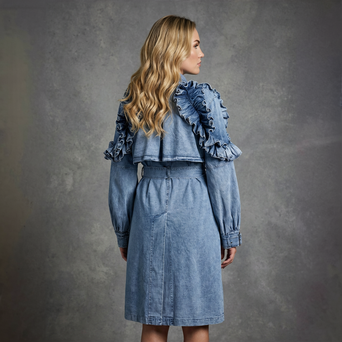 Denim Trenchcoat – Statement Design met Ruffles en Tailleband