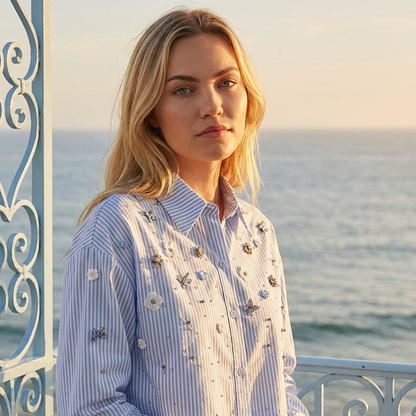 Gestreepte Blouse met Bloemdetails en Gelaagd Design Riviera Touch