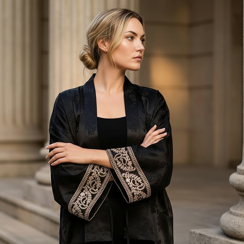 Jacquard Satijn Kimono Blouse Zwart met Borduurdetails Oriental Chic