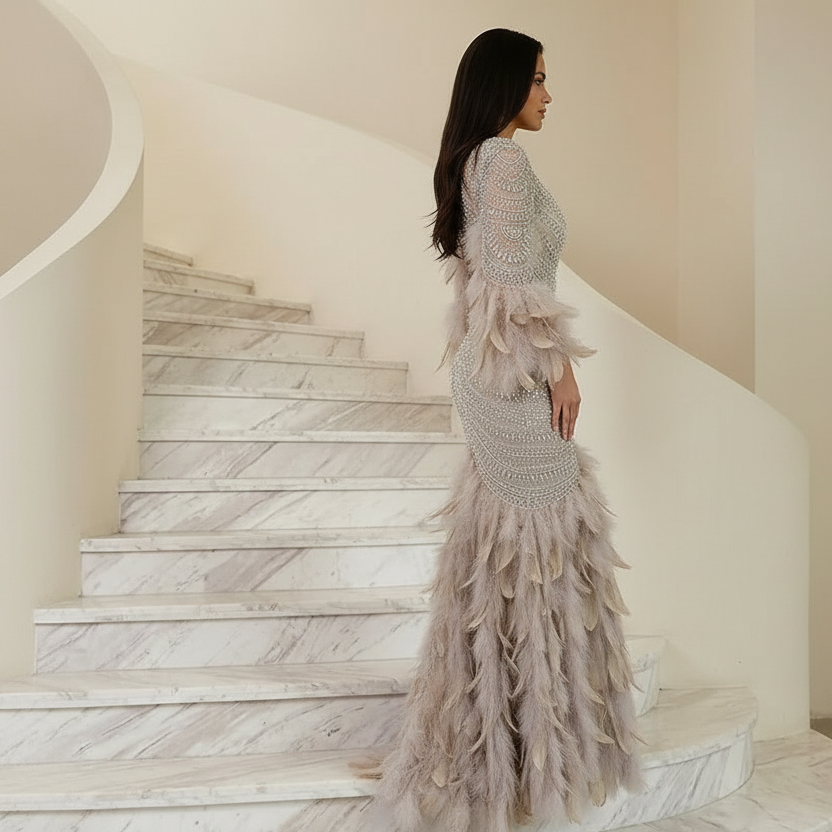 Luxe Maxi Jurk met Veren Beige en Embellished Details Gala Touch