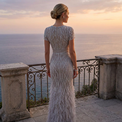 Luxe Maxi Jurk met Veren White Summer Touch