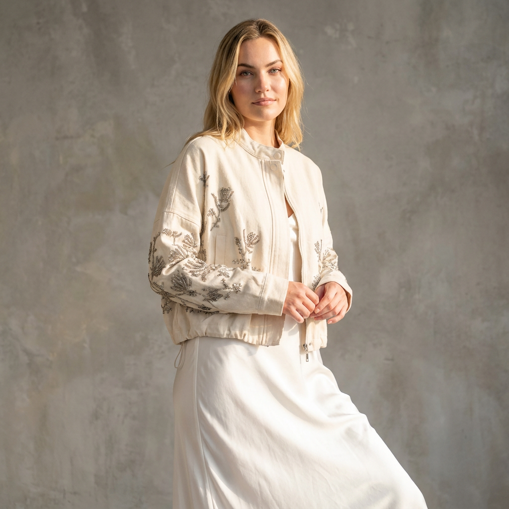 Denimjacket — Luxe Bomber Jacket met Geborduurde Bloemen en Pailletten
