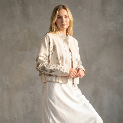 Denimjacket — Luxe Bomber Jacket met Geborduurde Bloemen en Pailletten