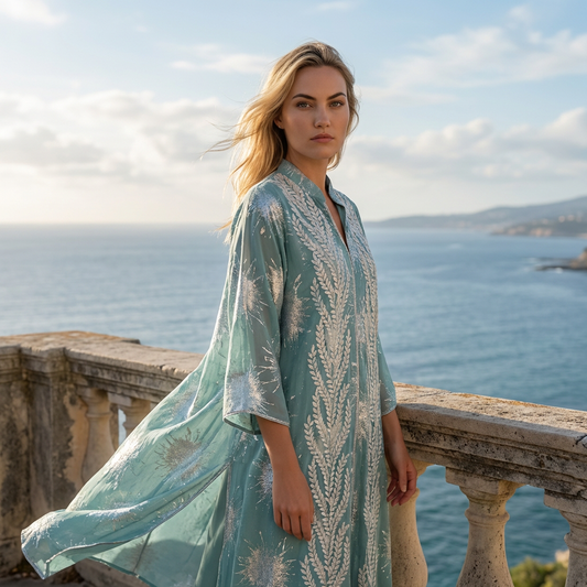 Côte Kaftan Luchtige Strandjurk met 3D Applicatie en Glansdetails