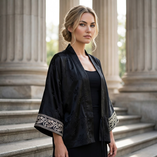 Jacquard Satijn Kimono Blouse Zwart met Borduurdetails Oriental Chic