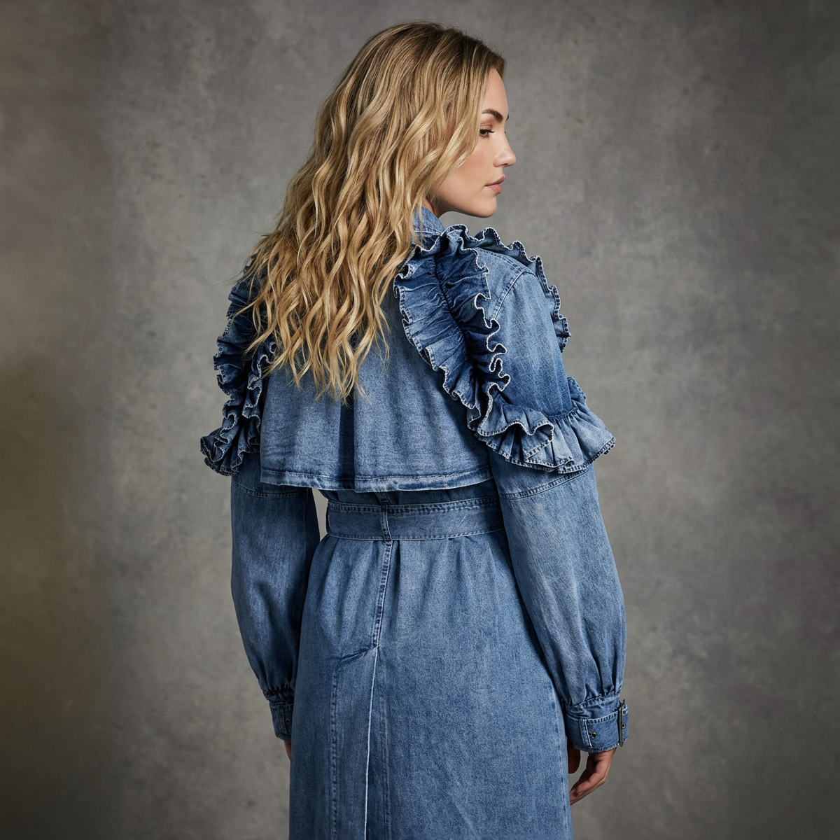 Denim Trenchcoat – Statement Design met Ruffles en Tailleband