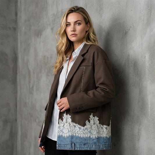 Denimjacket — Patchwork Denim Blazer met Kantdetails