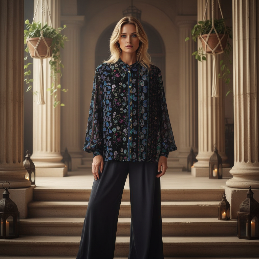 Paisley Velours Blouse met Kralendetails
