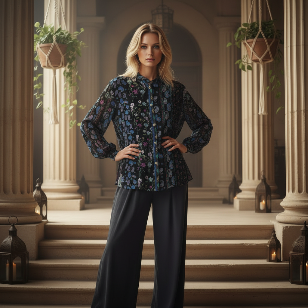 Paisley Velours Blouse met Kralendetails