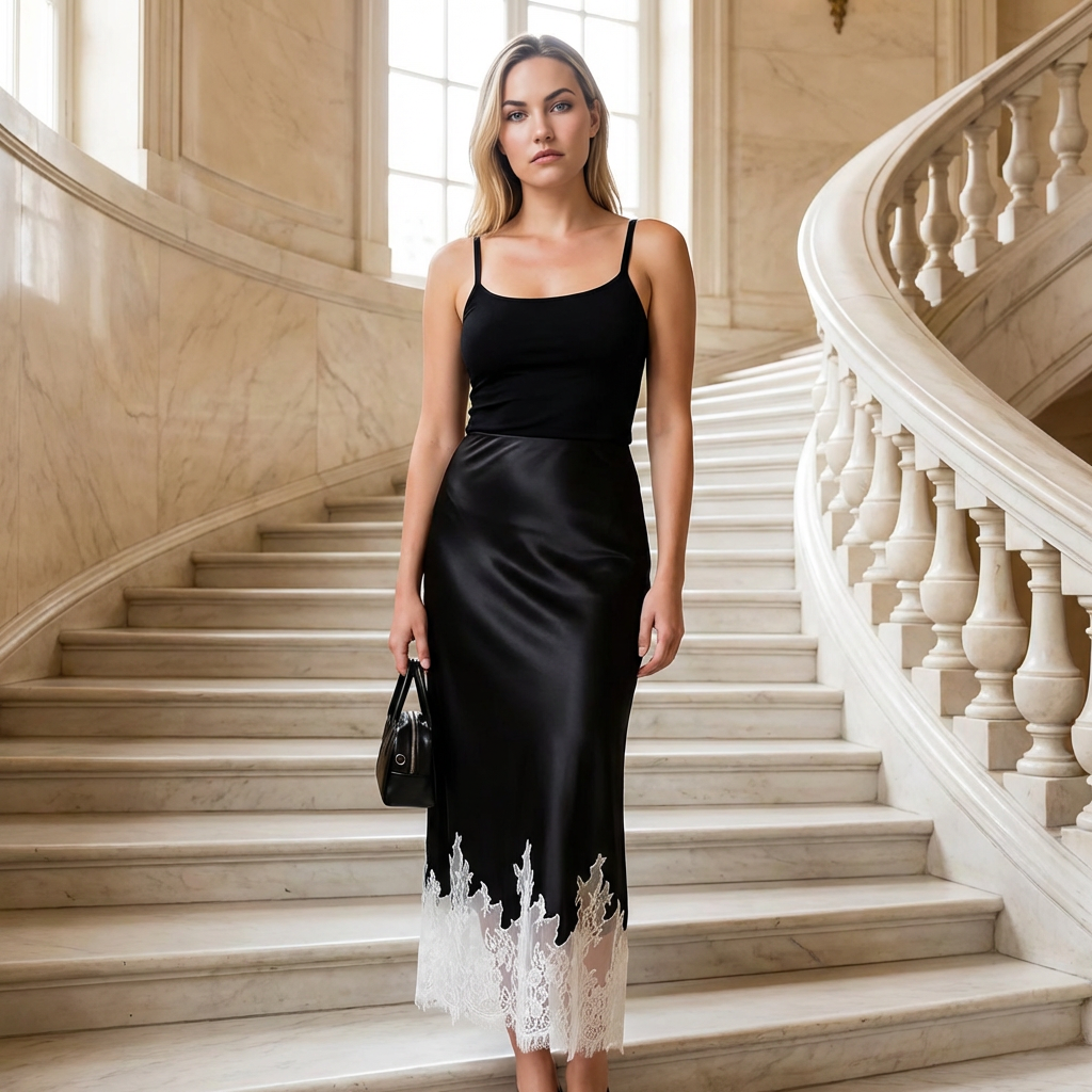 Elegance Maxi Rok Satijn met Kantafwerking
