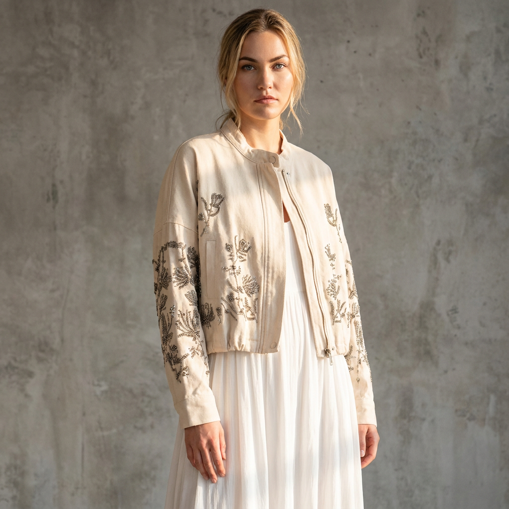 Denimjacket — Luxe Bomber Jacket met Geborduurde Bloemen en Pailletten