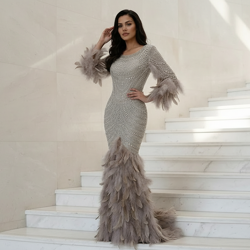 Luxe Maxi Jurk met Veren Beige en Embellished Details Gala Touch
