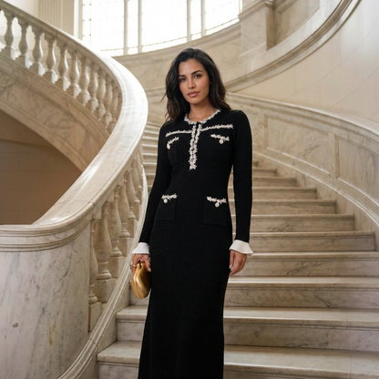 Zwarte Elegante Midi Jurk met Parelslierten