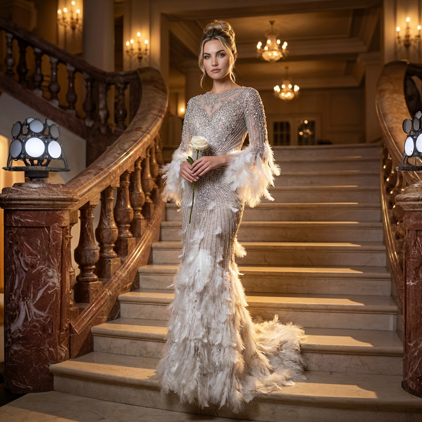 Luxe Maxi Jurk met Veren White en Embellished Details Bridal Touch