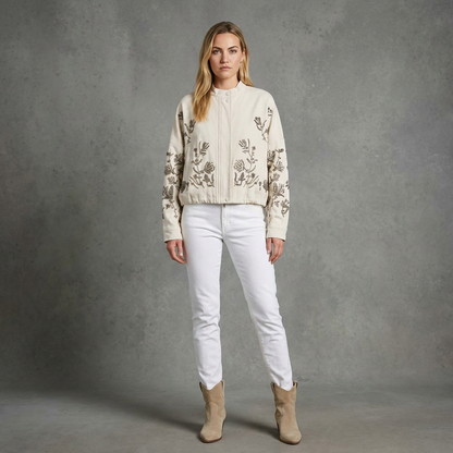Denimjacket — Luxe Bomber Jacket met Geborduurde Bloemen en Pailletten