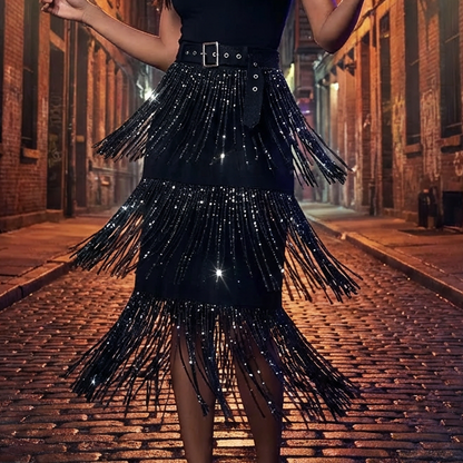 Fringe Strass Midi Rok met Ceintuur