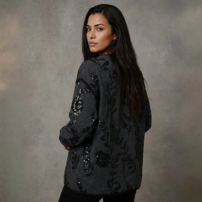 Denimjacket — Zwart Denim Jacket met Sequin Bloemenapplicaties