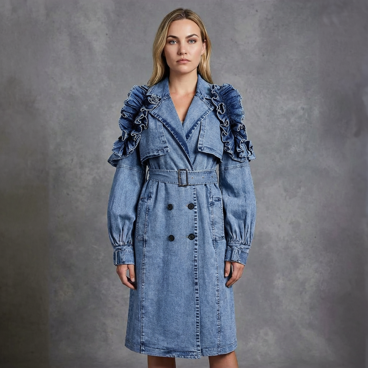 Denim Trenchcoat – Statement Design met Ruffles en Tailleband
