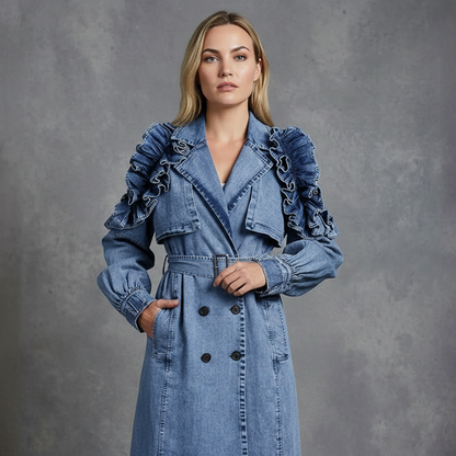 Denim Trenchcoat – Statement Design met Ruffles en Tailleband