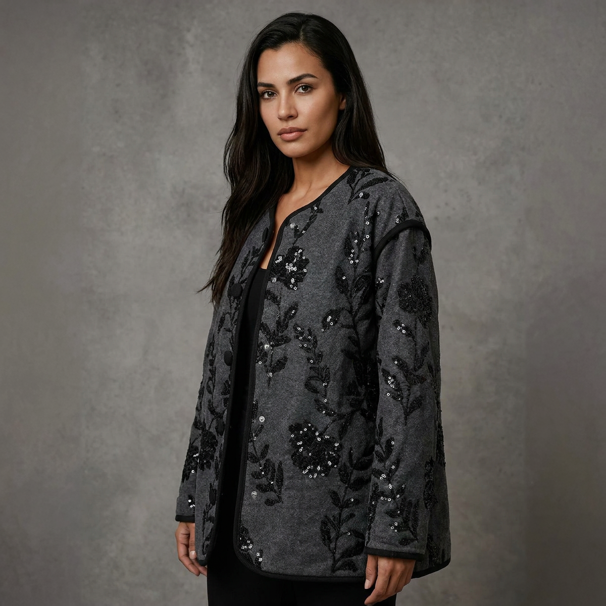 Denimjacket — Zwart Denim Jacket met Sequin Bloemenapplicaties
