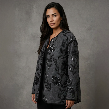 Denimjacket — Zwart Denim Jacket met Sequin Bloemenapplicaties