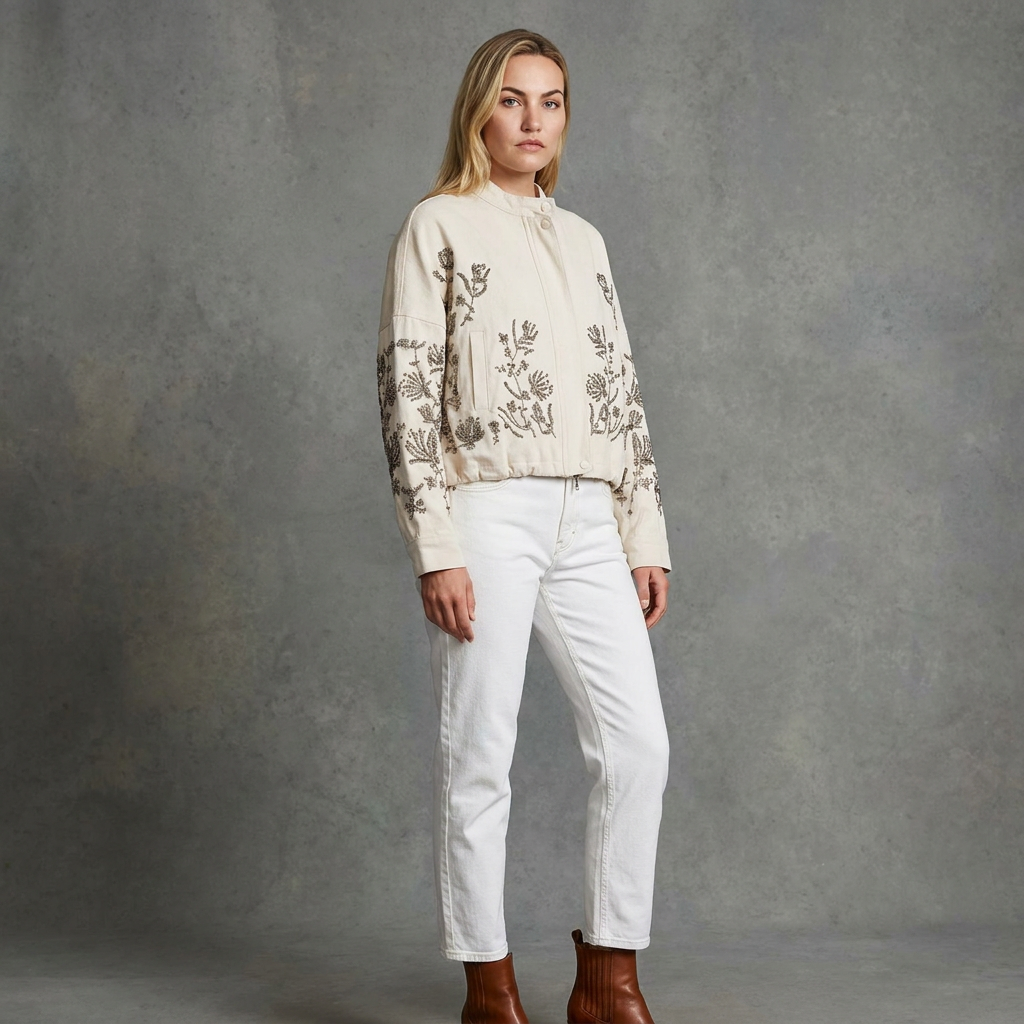 Denimjacket — Luxe Bomber Jacket met Geborduurde Bloemen en Pailletten