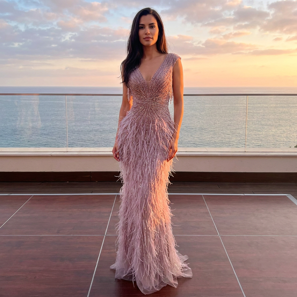 Luxe Maxi Jurk met Veren Blush Touch of Elegance