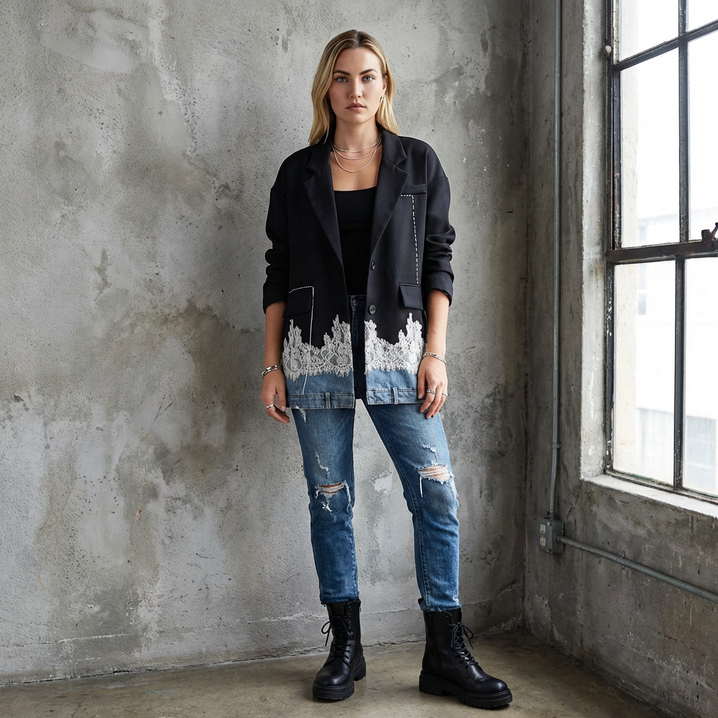 Denimjacket — Patchwork Denim Blazer met Kantdetails