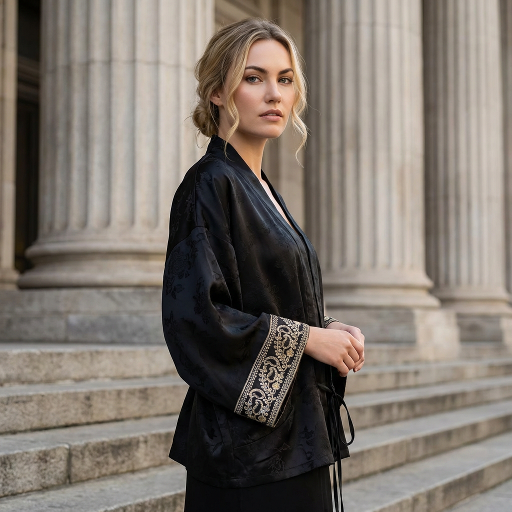 Jacquard Satijn Kimono Blouse Zwart met Borduurdetails Oriental Chic