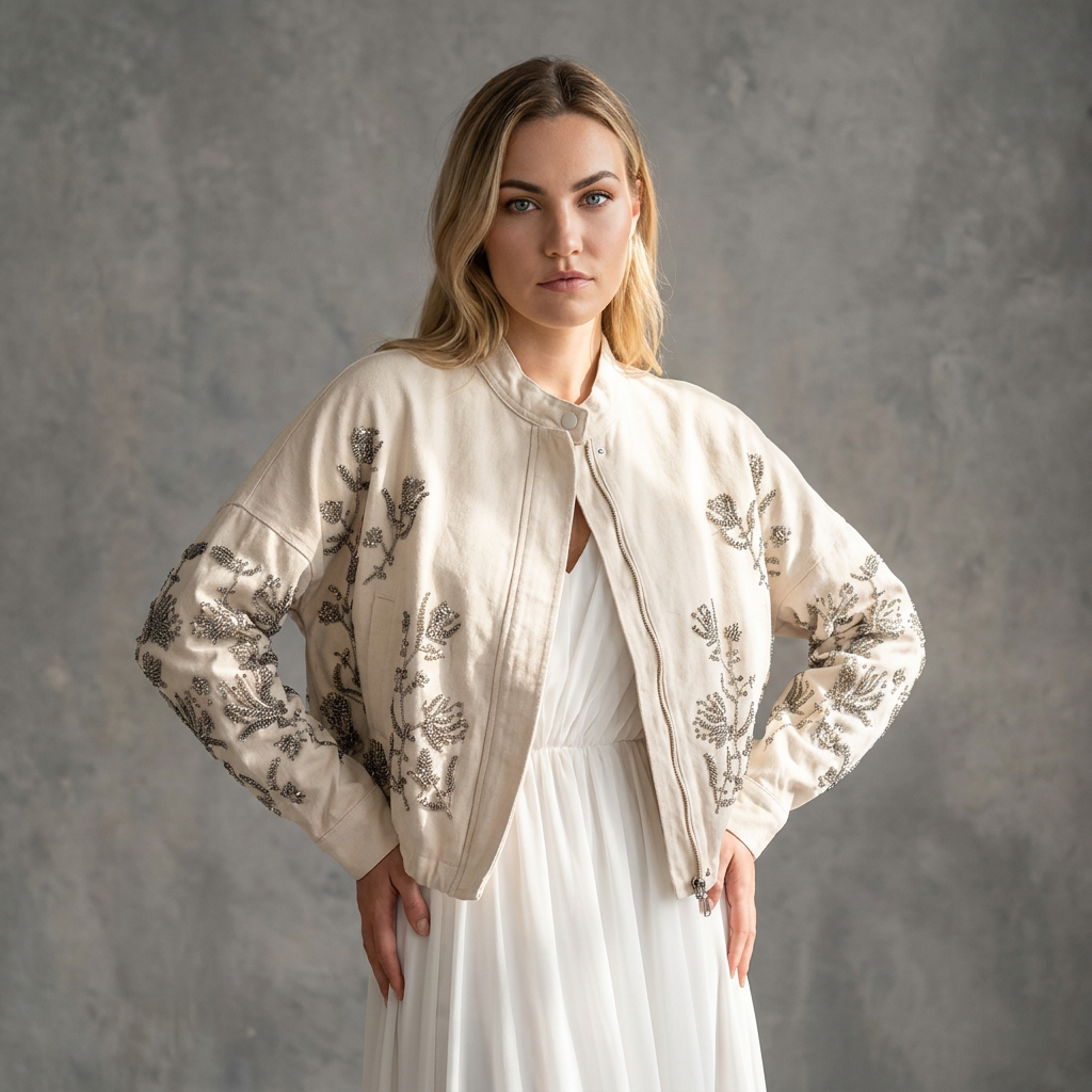 Denimjacket — Luxe Bomber Jacket met Geborduurde Bloemen en Pailletten