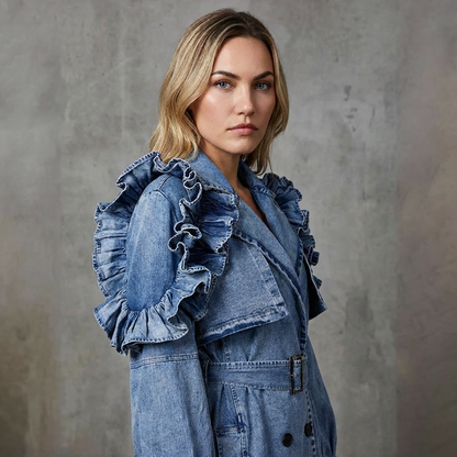 Denim Trenchcoat – Statement Design met Ruffles en Tailleband