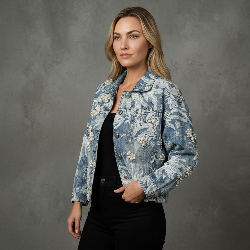 Denimjacket – Spijkerjas met Tule en Handwerk Bloemen van Parels