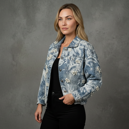 Denimjacket – Spijkerjas met Tule en Handwerk Bloemen van Parels