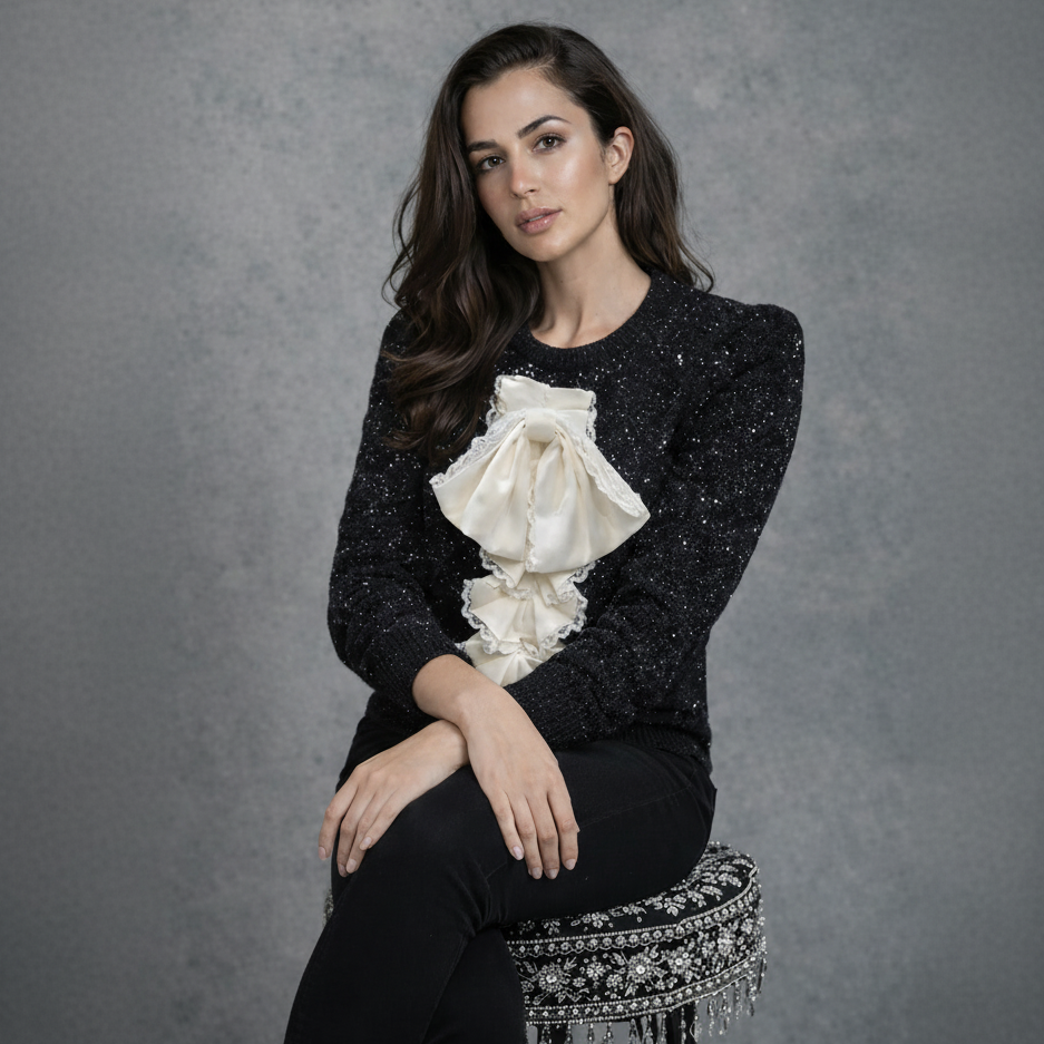 Black Sparkle Trui met Ruffles en Strik