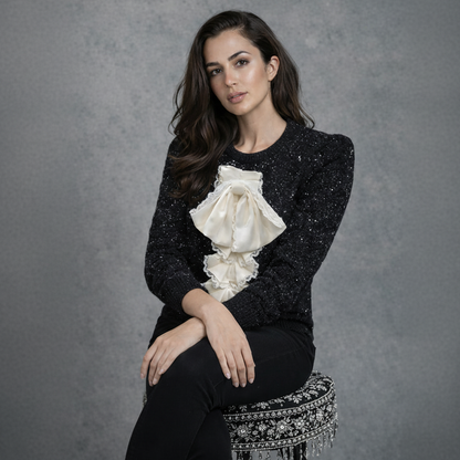 Black Sparkle Trui met Ruffles en Strik