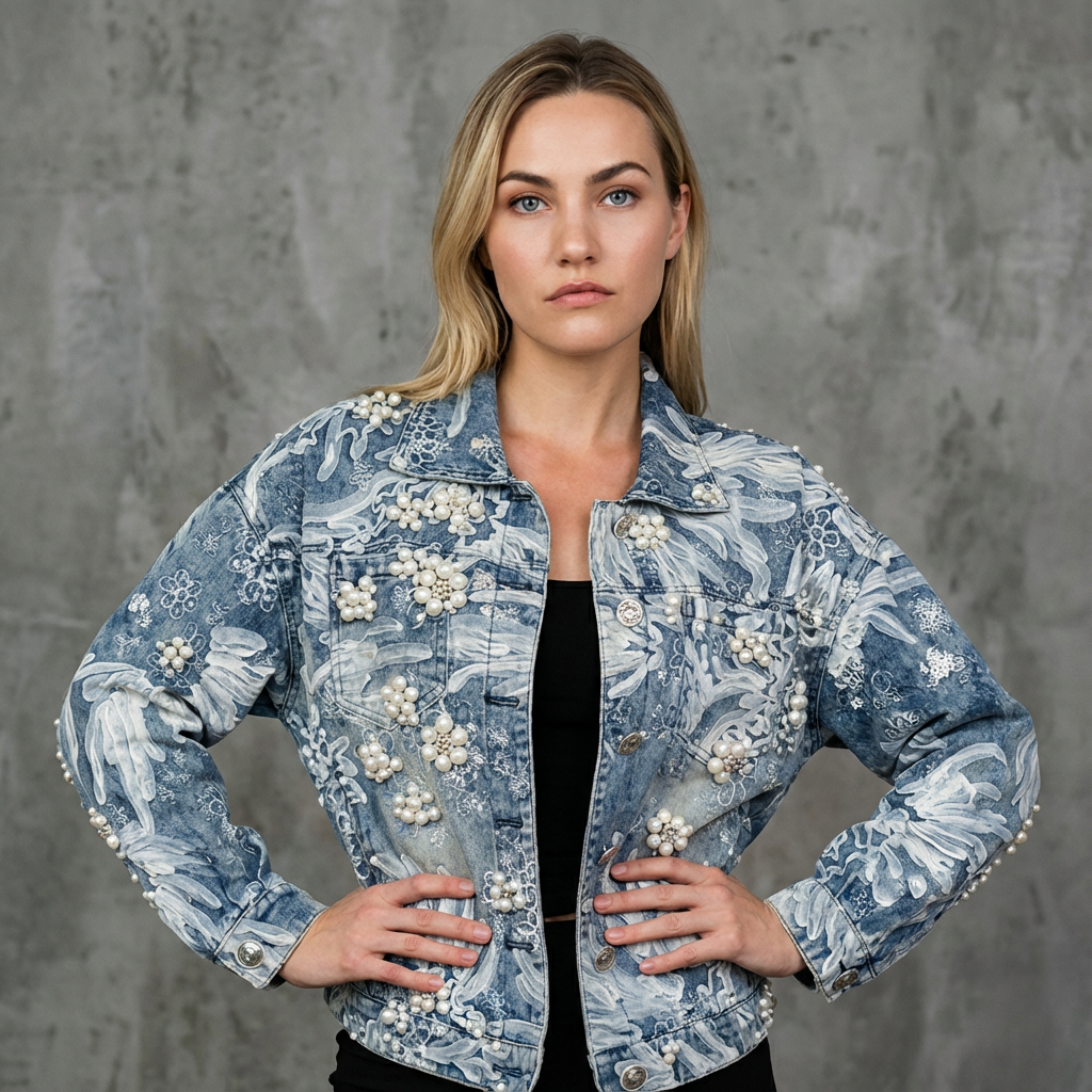 Denimjacket – Spijkerjas met Tule en Handwerk Bloemen van Parels