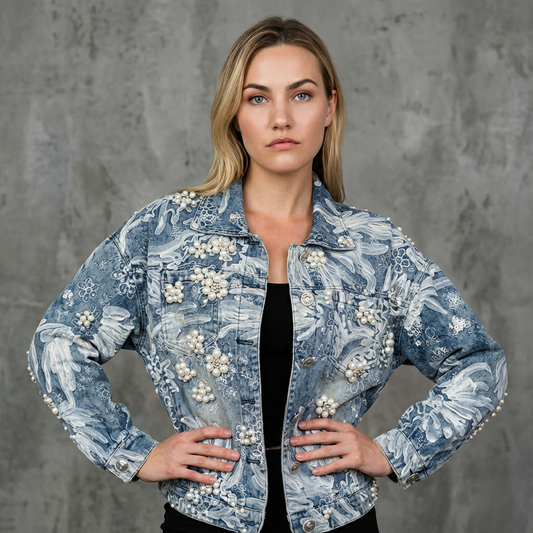 Denimjacket – Spijkerjas met Tule en Handwerk Bloemen van Parels