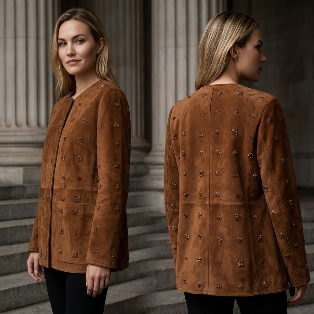 Suède Look Jas met Kralenwerk Golden Touch