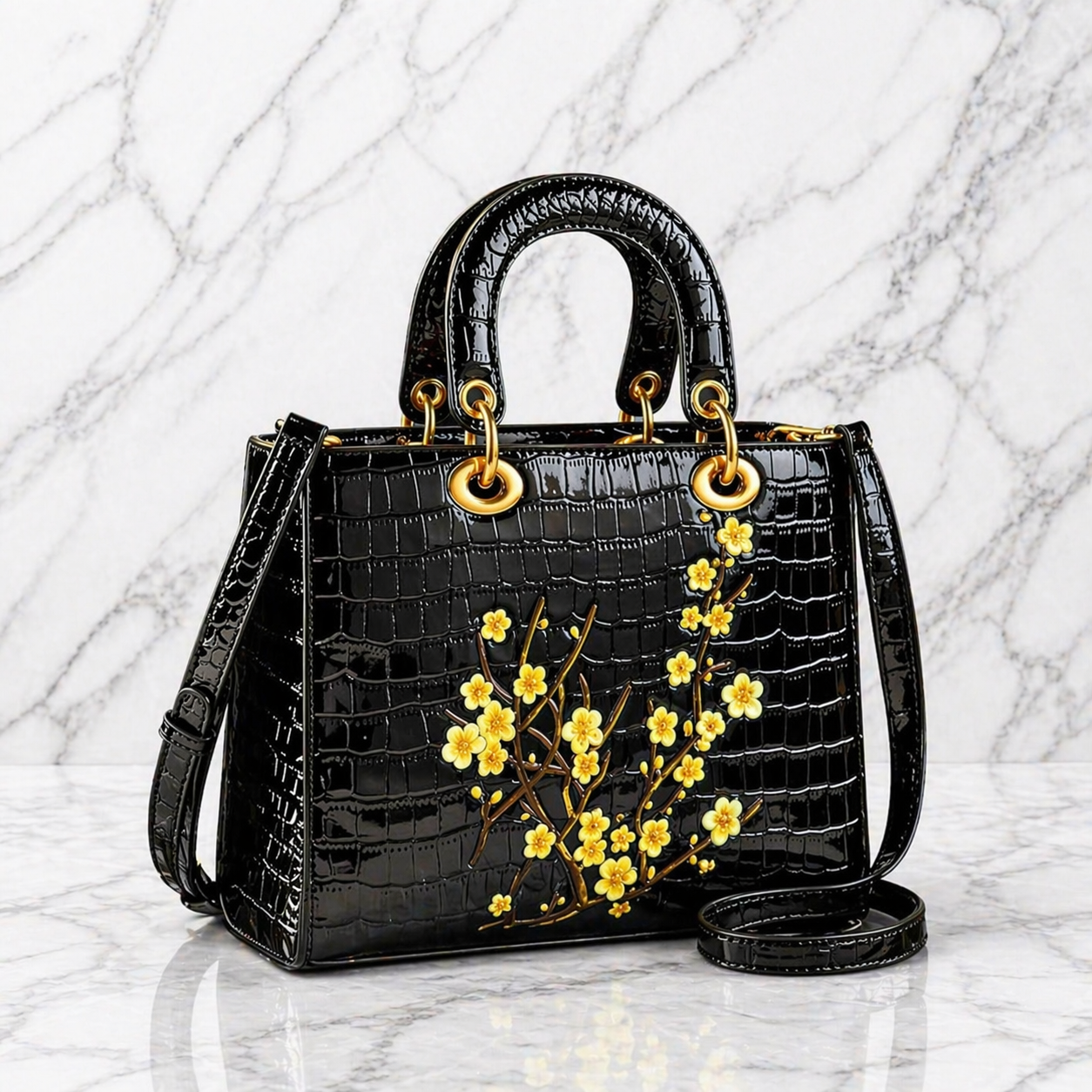 Croco PU Leren Handtas met 3D Bloemen – 5 Designs