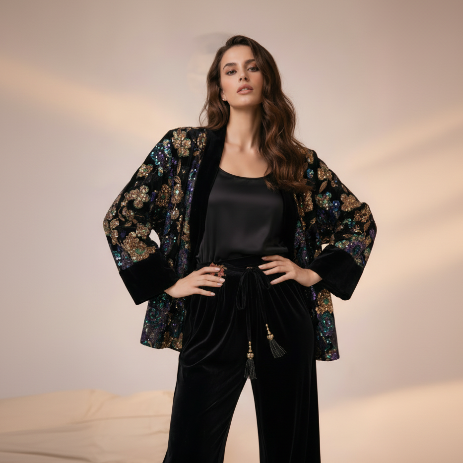 Velours Kimono Zwart met Pailletten en Borduursel